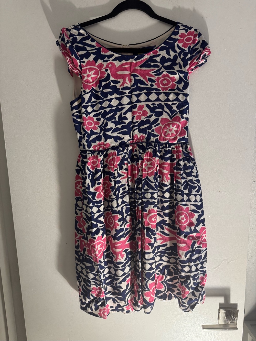Maeve Peralta Navy and Pink Floral Cotton Fit-and-Flare Midi Dress Size 4